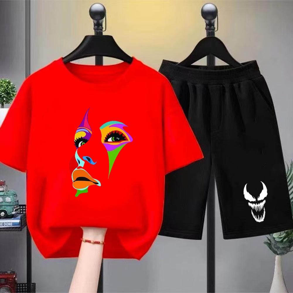 Hip Fashion Hop Trend Street Art Print Summer T-shirt+shorts Boy Black Girl Sets T-shirt kids Tops Casual Tees round neck-Neck
