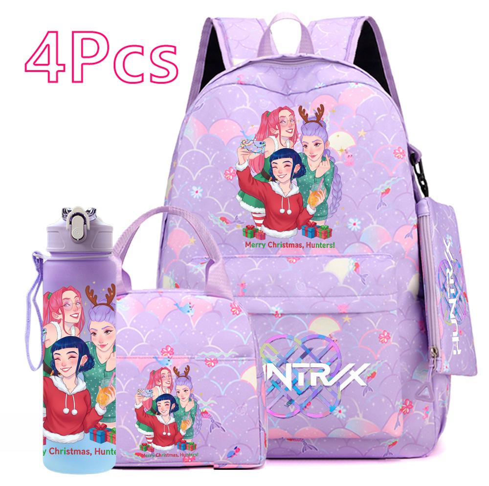 4Pcs/set Christmas KPOP Printed Backpack with Handbag Pencil Case 750Ml Water Bottler for Teenager Boy Girl Large Capacity Bookbag Schoolbag Kid Gift