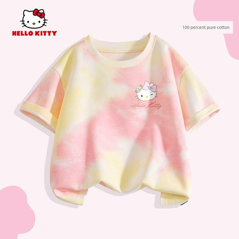 Hello Kitty Girls' Short-Sleeved T-Shirt 2026 New Pure Cotton Rainbow Kidsren's Summer Wear Tie-Dye Cute Clothes Trendy