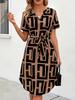 Elegant and Sophisticated Short-sleeved Plaid Dress, Perfect for Summer Vacations, with a Small Hem, Belted Waist, V-neck, A-line Midi Skirt.