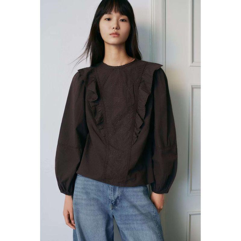 Za Autumn New Women Clothes 2025 Western Style Round Neck Flower Embroidery Laminated Decoration Shirts 7200226