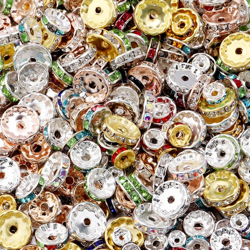 50pcs/lot Colorful Metal Round Rhinestone Rondelle Crystal Beads Loose Spacer Beads For Jewelry Making DIY Bracelet Necklace