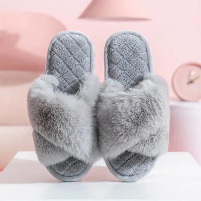 Mode 2024 Neue Kunstfell Hausschuhe Damen Winter Warm halten Flauschige Hausschuhe Frau Kreuzriemen Weiche Sohle Baumwolle Flip Flops Schuhe