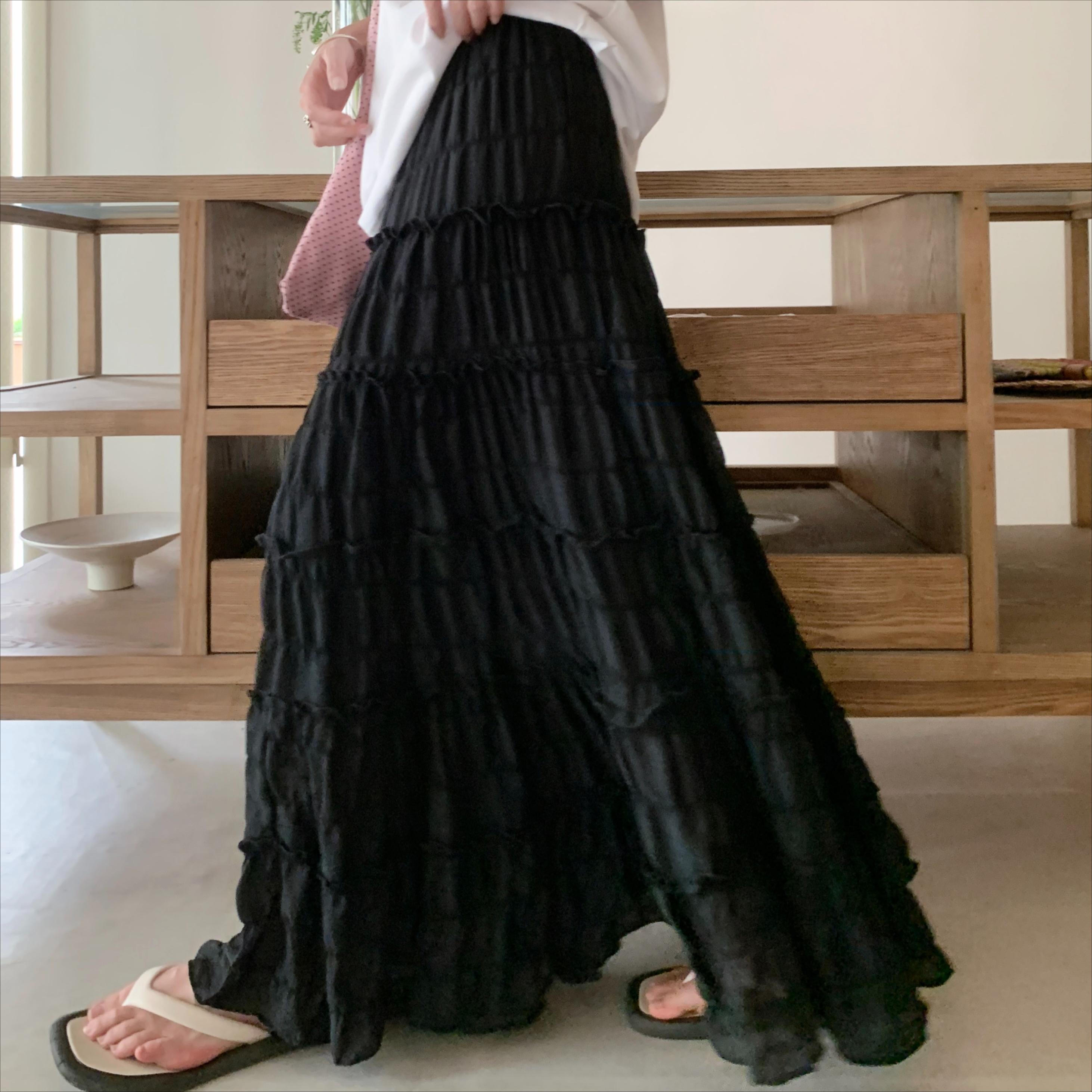 DIMANAF 2025 Летние женские новые юбки винтажные эластичные плиссированные многослойные элегантные белые длинные юбки кружевные с высокой талией One Size чёрный