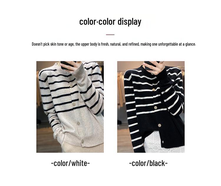 Women's Slimming Cashmere Cardigan - Color Block Stripes, Round Neck, Loose Fit