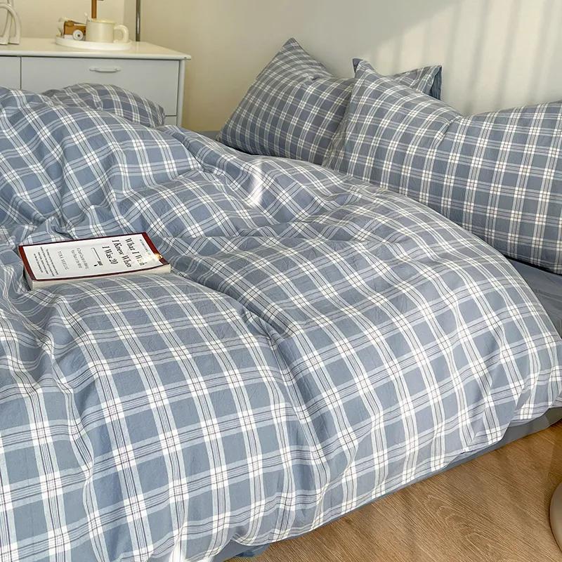 Green Nordic Bedding Set Ins Plaid Girls Boys Double Queen Size Duvet Cover Flat Sheet Pillowcase New No Filler Bed Linens