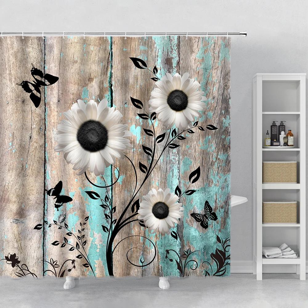 Flower Shower Curtain Set Orchid Teal Rose Plant Floral Leaves Print Bathroom Decor Fabric Bath Curtain Bathtub Accessories Hook