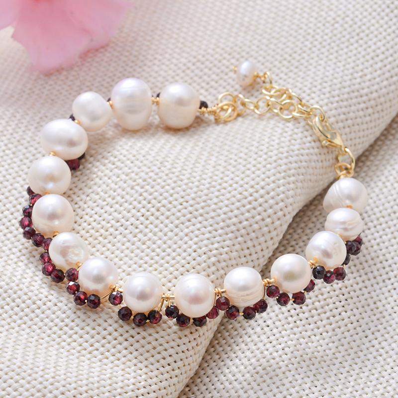 New Style Elegant Natural Freshwater Pearl & Garnet Stone 14K Gold Filled Female Short Beads Chain Bracelet  Gifts 2026
