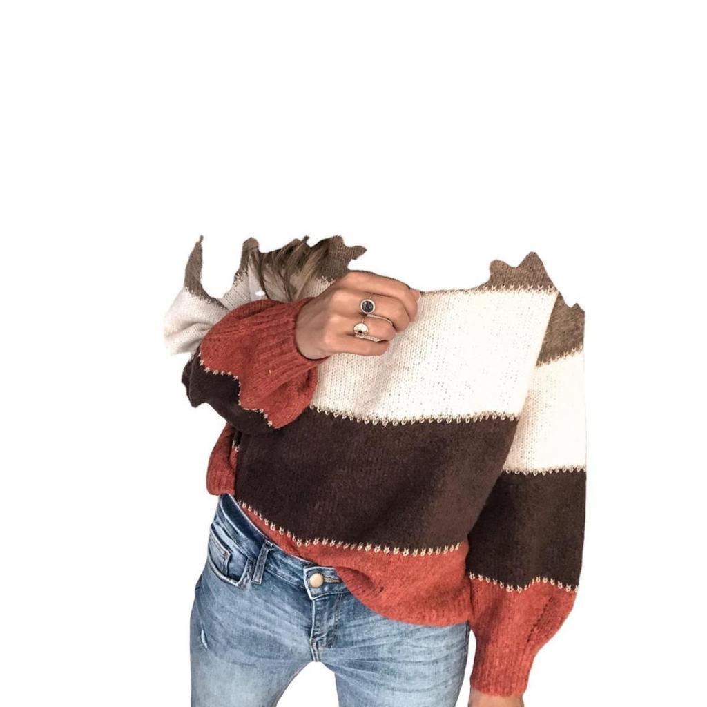 New Women's Casual Striped Long Sleeve Round Neck Autumn Winter Pullover Knitted Sweater Top