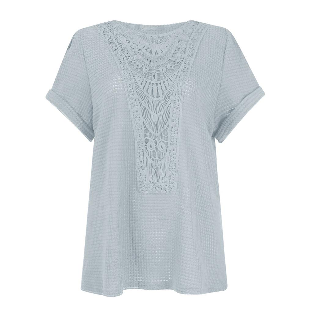 T-shirt da donna a maniche corte con pizzo e cuciture per primavera ed estate