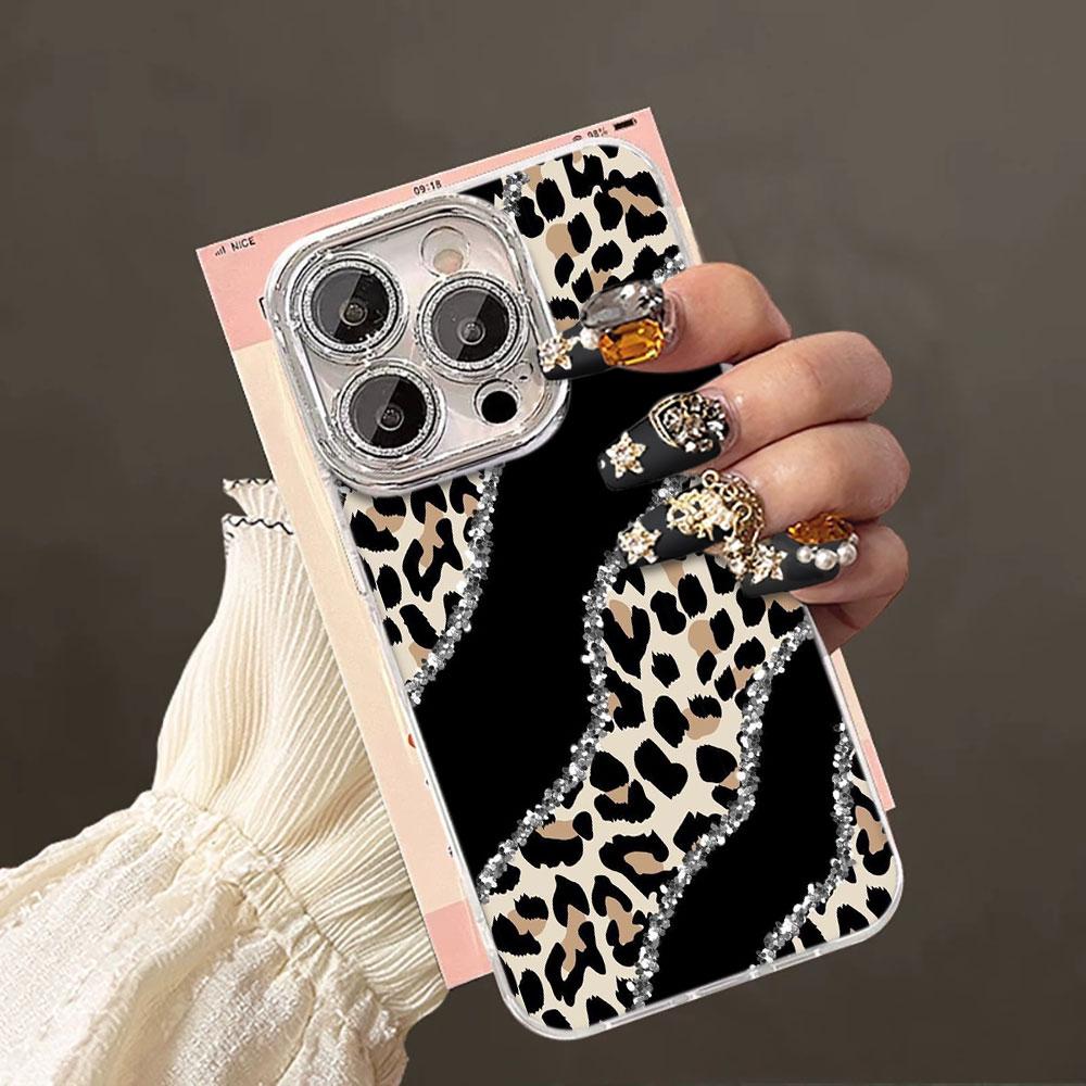 Glitter Leopard Print Printed Glacier Texture Case For iPhone 17 Air 16 15 14 13 12 11 Pro Max 8 Plus Glass Lens Protector Cover