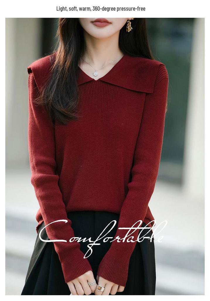 Spring & Autumn Women's Korean Style Elegant Solid Color Lapel Knitwear Sweater