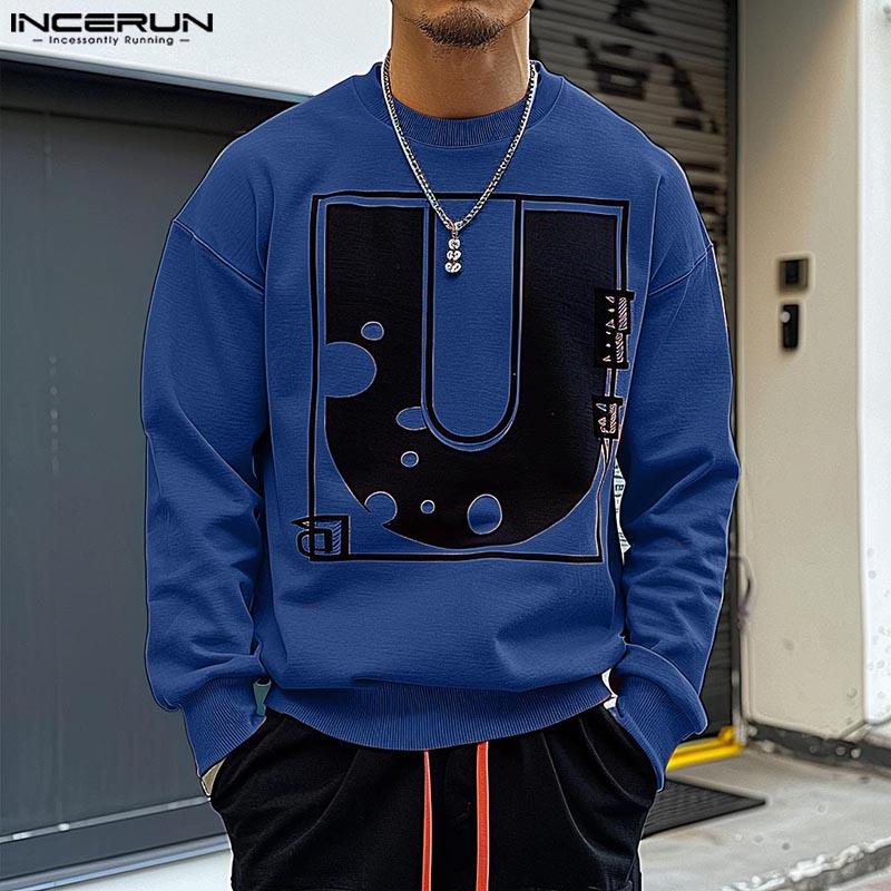 INCERUN Spring Men O Neck Long Sleeve Print Loose Pullovers Sweatshirts