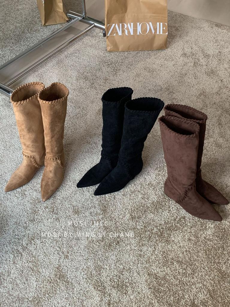 2025 winter new suede inner heightening knight boots long boots pointed but knee long boots children's pleated stacking boots