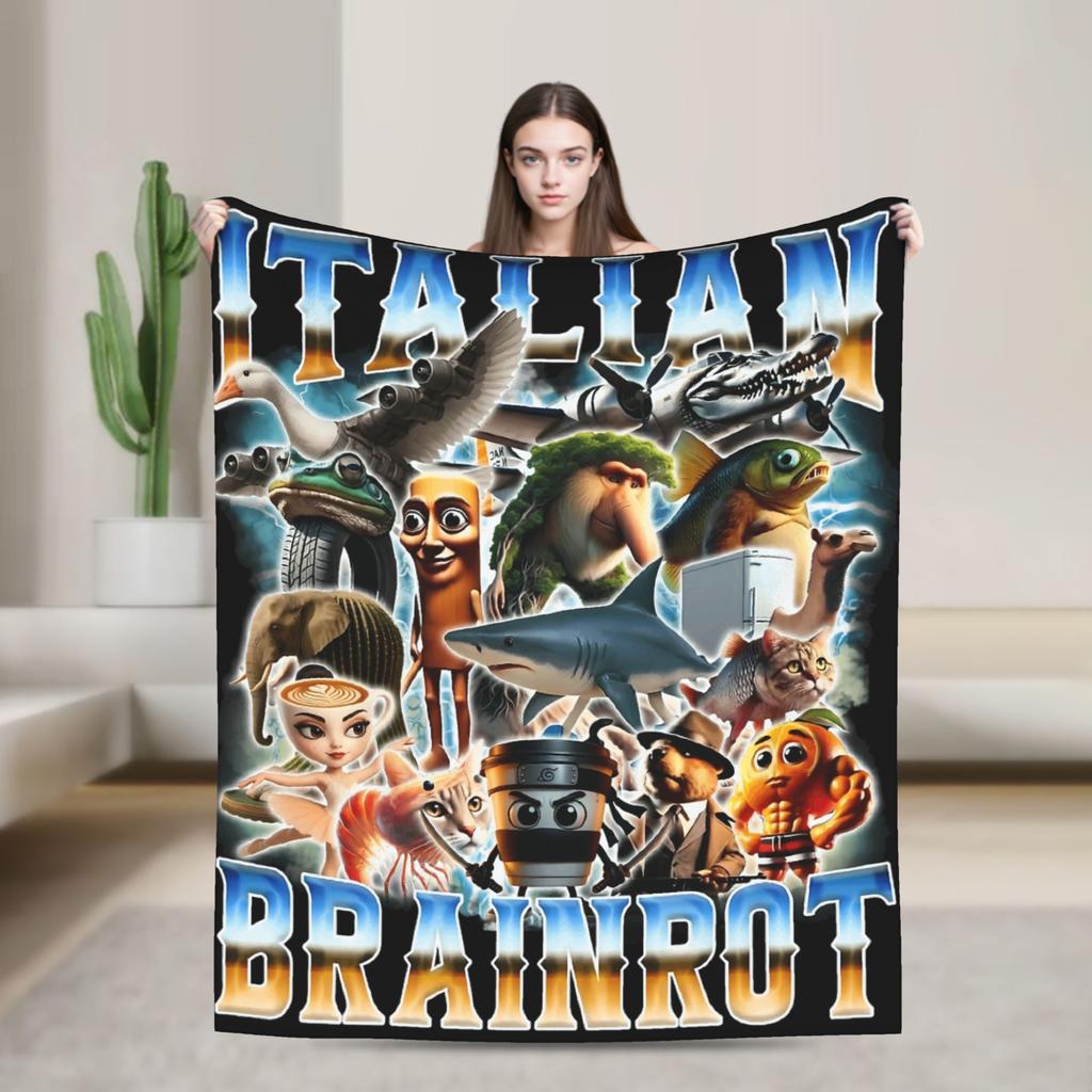 Lustige italienische Brainrot-Decke Weich Warm Streetwear Trend Plüsch Bettwäsche Überwürfe Für Heimdekoration Picknick Flanell Tagesdecke Bettbezug