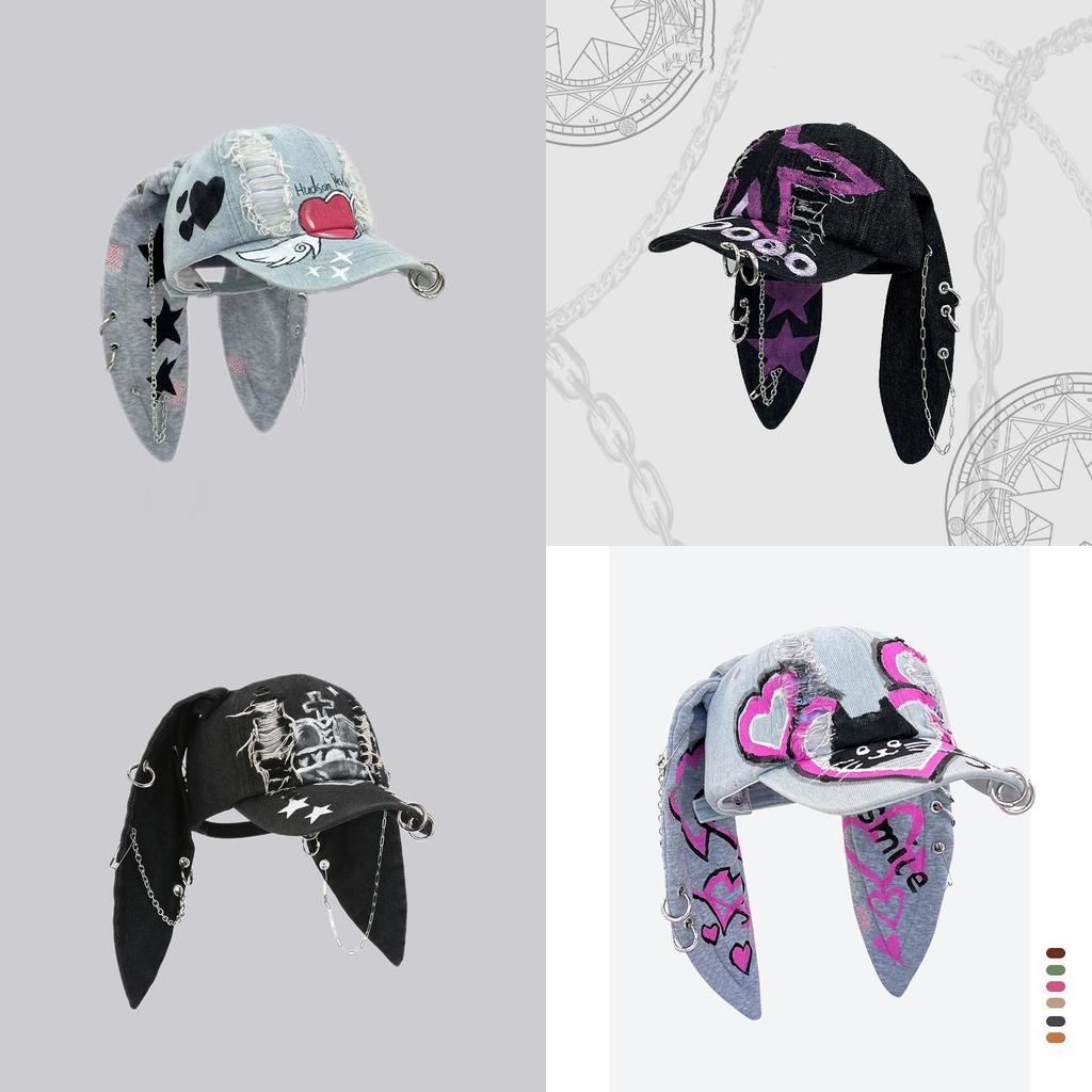 Postapocalyptic Rabbit Ear Distressed Baseball Cap With Sunblock For Street Fashion Enthusiasts