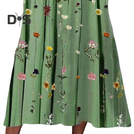 Rochie Midi de Vară Fluidă pentru Femei Rochie Boho Florală Plisată cu Buzunare Casual Mânecă Scurtă Gât Rotund Rochie Swing