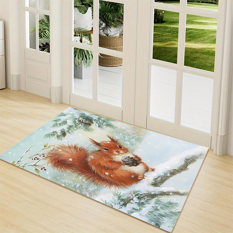 Winter Squirrel Pinecone Carpet Rug Soft Washable Anti Slip Home Living Room Sofa Mats Personalized Christmas Rug