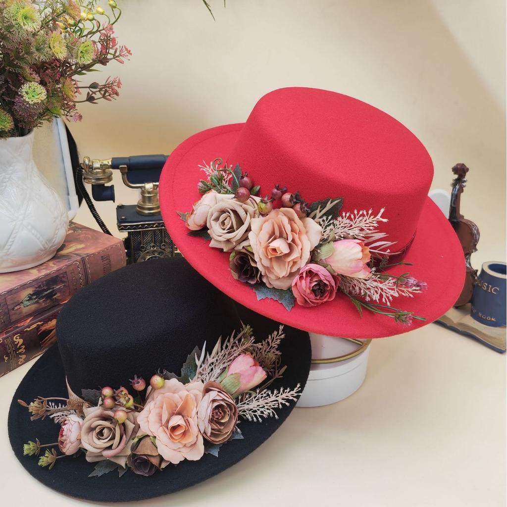 Fedora Hats Women's Flower flat cap Fashion Autumn Winter Warm Flat Top Basin Hats British Vintage Top Hats