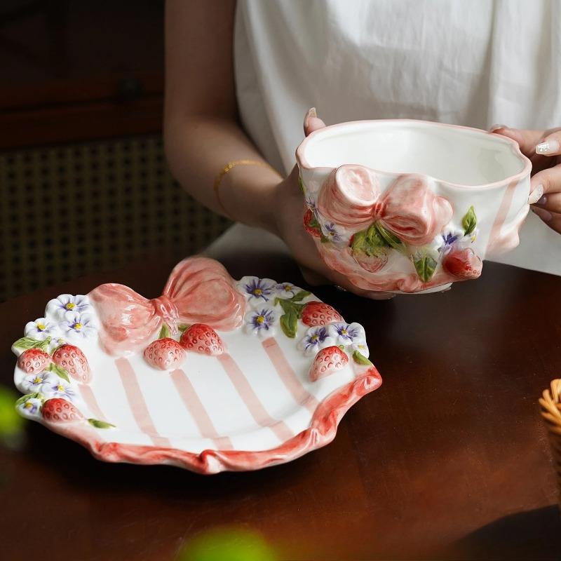 Ensemble de Vaisselle Romantique en Forme de Cœur pour Fille, Bol Créatif Fleur de Baie, Assiettes, Cuillères, Mug, Tasse à Thé de l'Après-midi, Usage Domestique