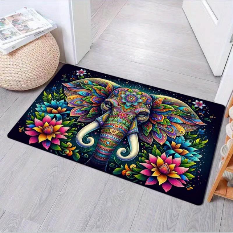 Boho Chic Elephant Print Floor Mat Distressed Look Door Mat for Home Entrance Indoor Hallway Garden, Patio, Balcony Carpet Decor