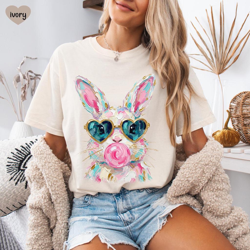 2026 Summer Womens Bunny Blowing Bubble TShirt Unisex Cotton and Breathable Short Sleeve Oversized Loose Casual