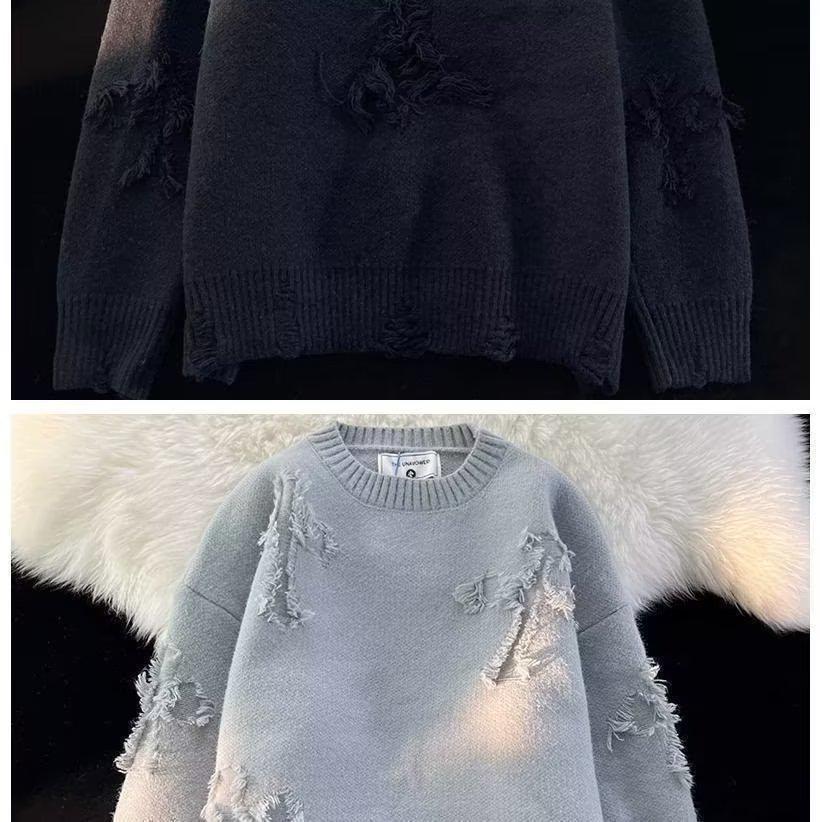 Men's Autumn/Winter Retro Ripped Knit Sweater - Round Neck, Thickened Pullover, Trendy American & Japanese Style