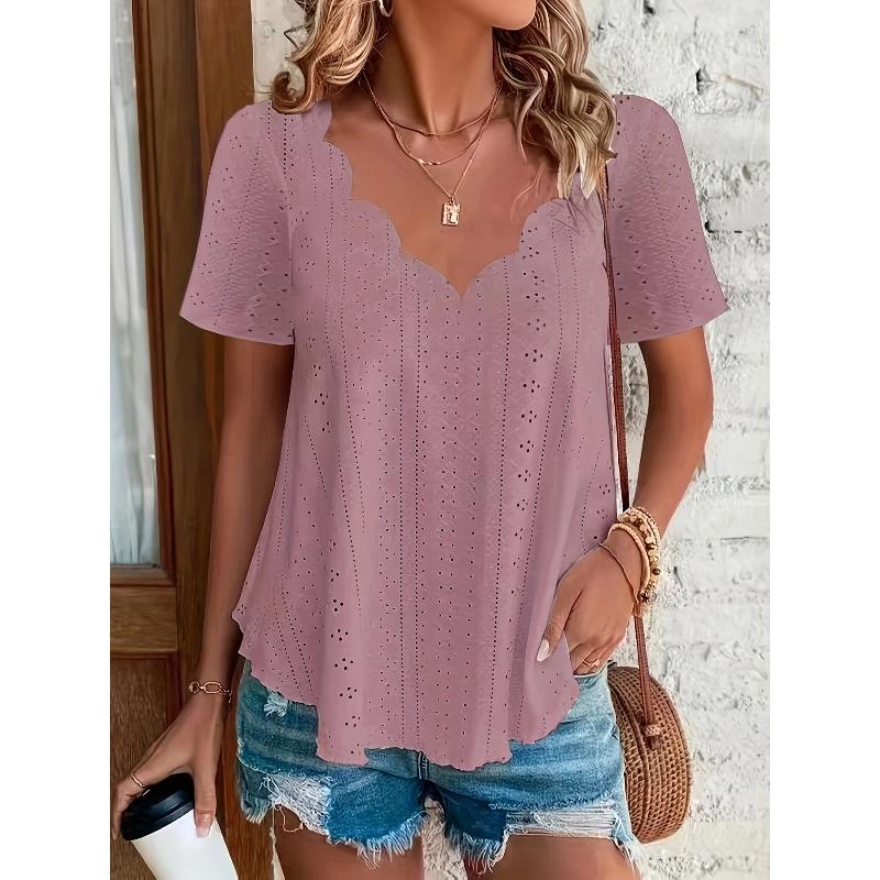 Women's Fashion Blouses Summer Ruffles Loose Hollow Out Tops Casual Solid Colors Wave V-Neck Short Sleeve White Shirts Lady
