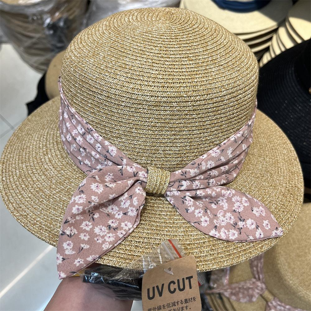 

Соломенная шляпа женская летняя маленькая с цветочным бантом короткие поля шляпа-ведро для путешествий и отдыха защита от солнца солнцезащитная шляпа шляпа из тонкой соломы adult average size (56-58cm)