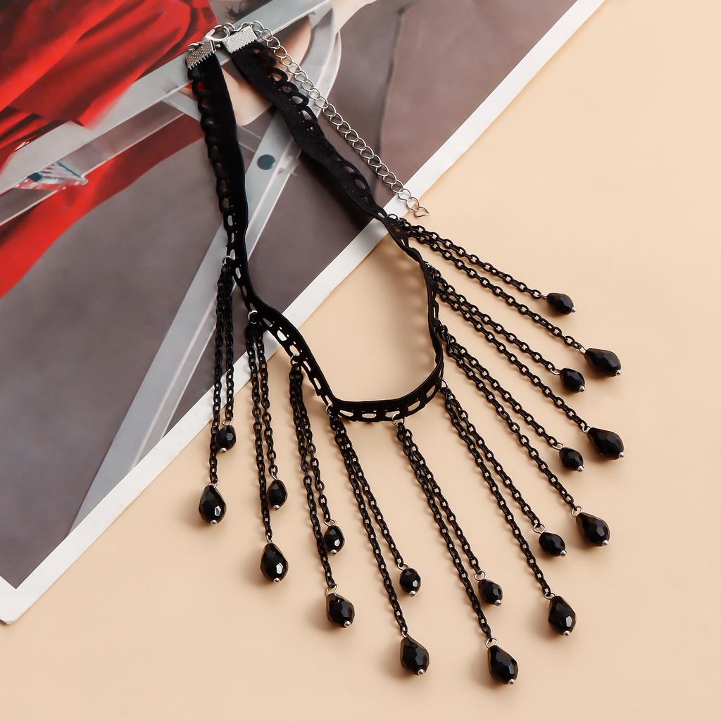 French Black Crystal Gothic Feng Shui Drip Tassel Necklace