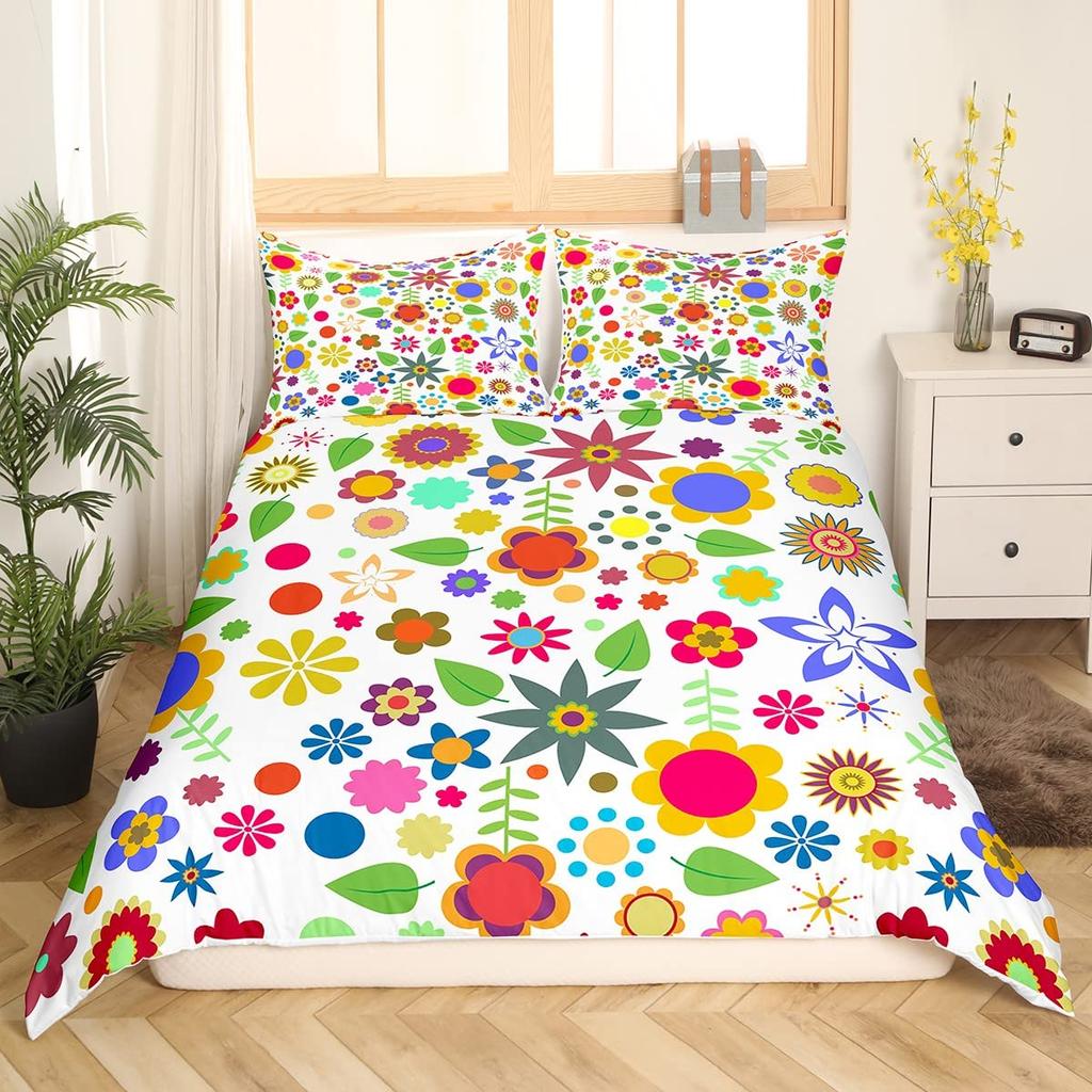Retro Flowers King Queen Bedding Set Cartoon Vintage Floral Duvet Cover Boho Abstract Quilt Cover Soft Polyester Comforter Cover