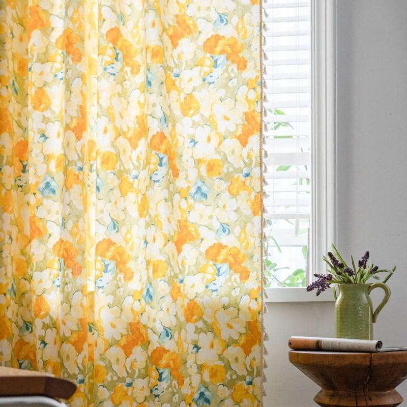Cotton Linen Floral with Tassels Oil Paint CurtainThick Blackout Curtains for Living Room American Vintage Drape Bedroom Valance