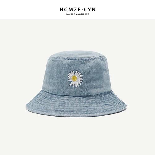 Korean New Ins Daisy Embroidery Bucket Hats Women Men Panama  Summer Sun Hat Fashion Flower Bob Washed Denim Basin Cap