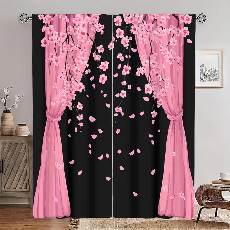2 Pcs Pink Cherry Blossoms Print Curtains,suitable for Bedroom,living Room Kitchen Decoration,home Decoration,window Decoration