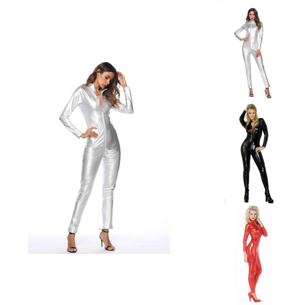 Smooth Touch Metallic Sexy Catsuit Jumpsuit With Double Zipper Closure For Parties