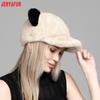 Women White Faux Fur Baseball Cap, Curved Brim Hat with Black Pom‑pom, Soft Plush Winter Ladies Cap, 55‑60cm Head Circumference