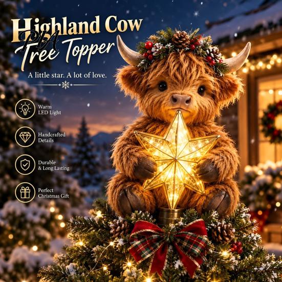 Hochlandkuh Weihnachtsbaumspitze Leuchtender Stern Topper, Beleuchtete Dekoration mit Einzigartigem Partyzubehör Warmes LED, Batteriebetriebenes Feiertagsornament