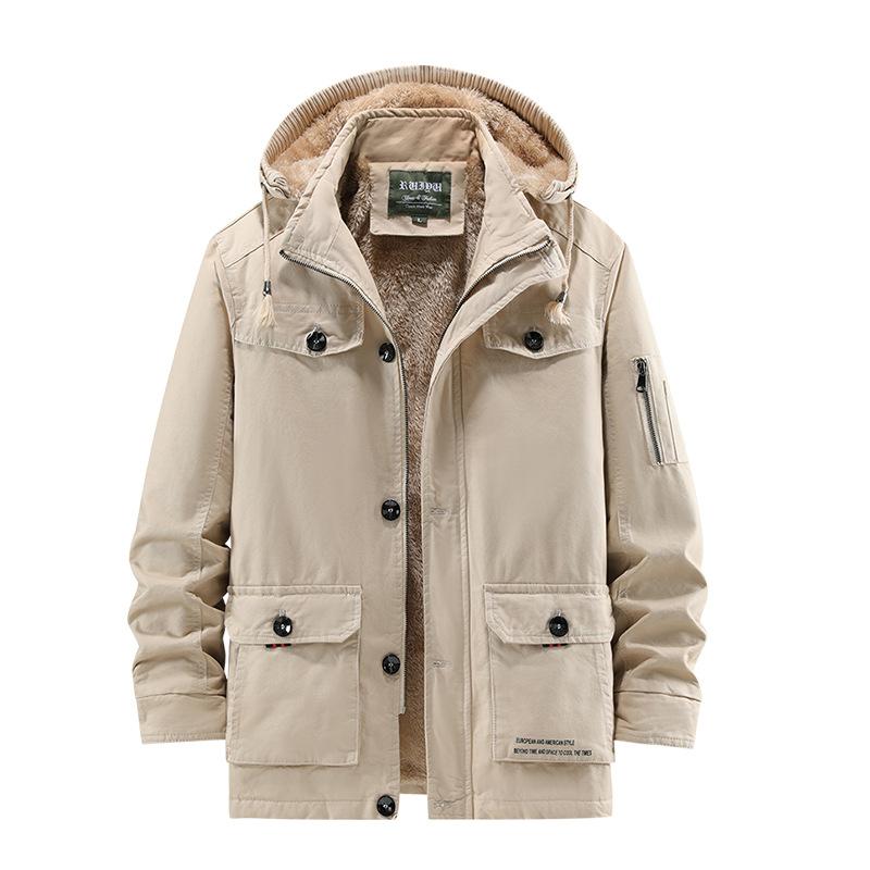 Cappotto Invernale da Uomo Oversize Foderato in Pile Ispessito di Media Lunghezza Abbigliamento da Lavoro Multitasche Casual Caldo per Uomini di Mezza Età e Anziani