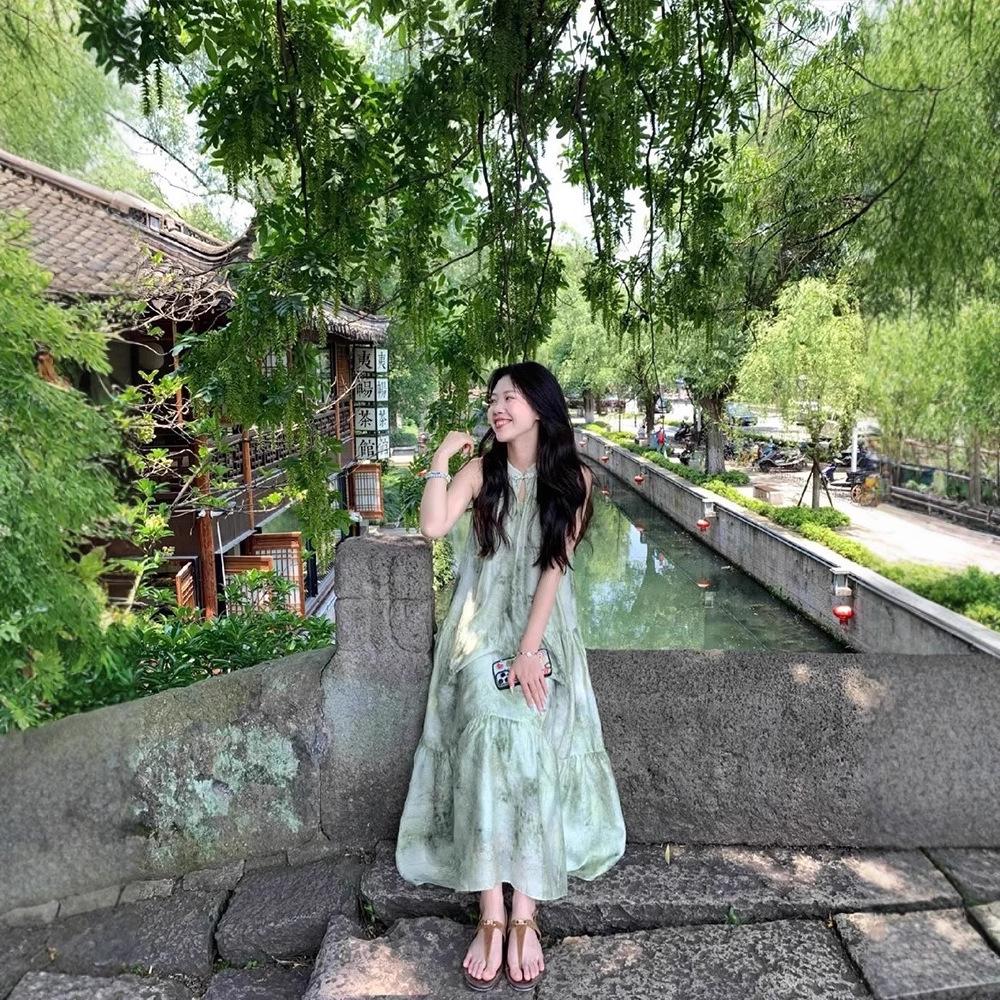 

Летнее зеленое платье-халтер с пуговицами-лягушками - Без рукавов, Свободное, Длины до середины икры, Национальный стиль XL - Premium зелёный