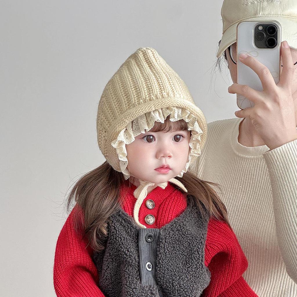 Koreański Styl Zimowa Czapka Wełniana z Koronką dla Malucha - Grubo Dziana, Wiązana, Ochrona Uszu