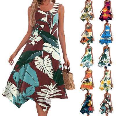 Women's Casual Fashion Round Neck Sleeveless Floral Print Irregular Hem Midi Dress