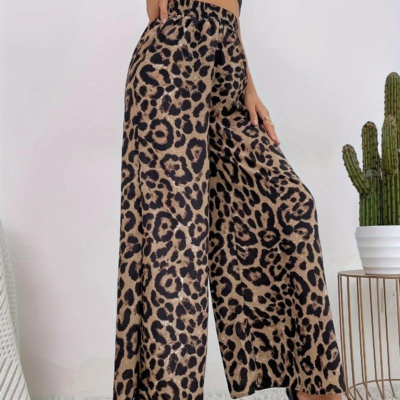 Summer Temperament Leopard Print Casual Pants with Women's Print Elastic Waistband Sagging Feelin Wide Leg Pants