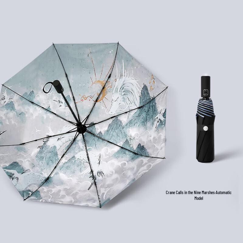 XuQing 8-Rib Vintage Cranes Print Blackout Umbrella