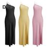 Women Sexy Dress Sloping Collar Sleeveless Open Back Design Long Dress Solid Color Side Slit Design Party Dress