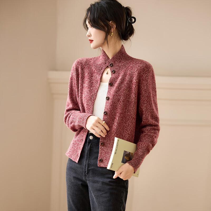 Srcr Women's 100% Wool Semi-High Collar Cardigan Sweater