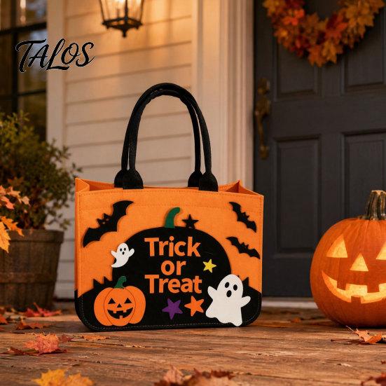 Trick Or Treat Candy Holder Halloween or Bag, Felt Goodie Bag with Pumpkin Ghost Patches, Child-friendly Large Tote for Kids, Party Favor, Haunted