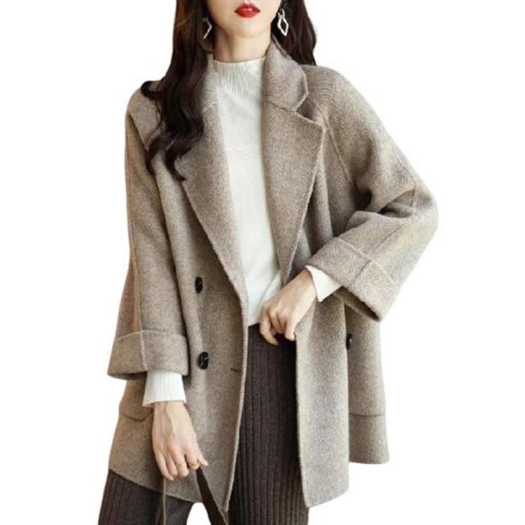 Women Winter Overcoat Woolen Coat Double Breasted Mid Length Formal Business Jacket Turn Down Collar OL Commuting Solid Color Thick Outerwear