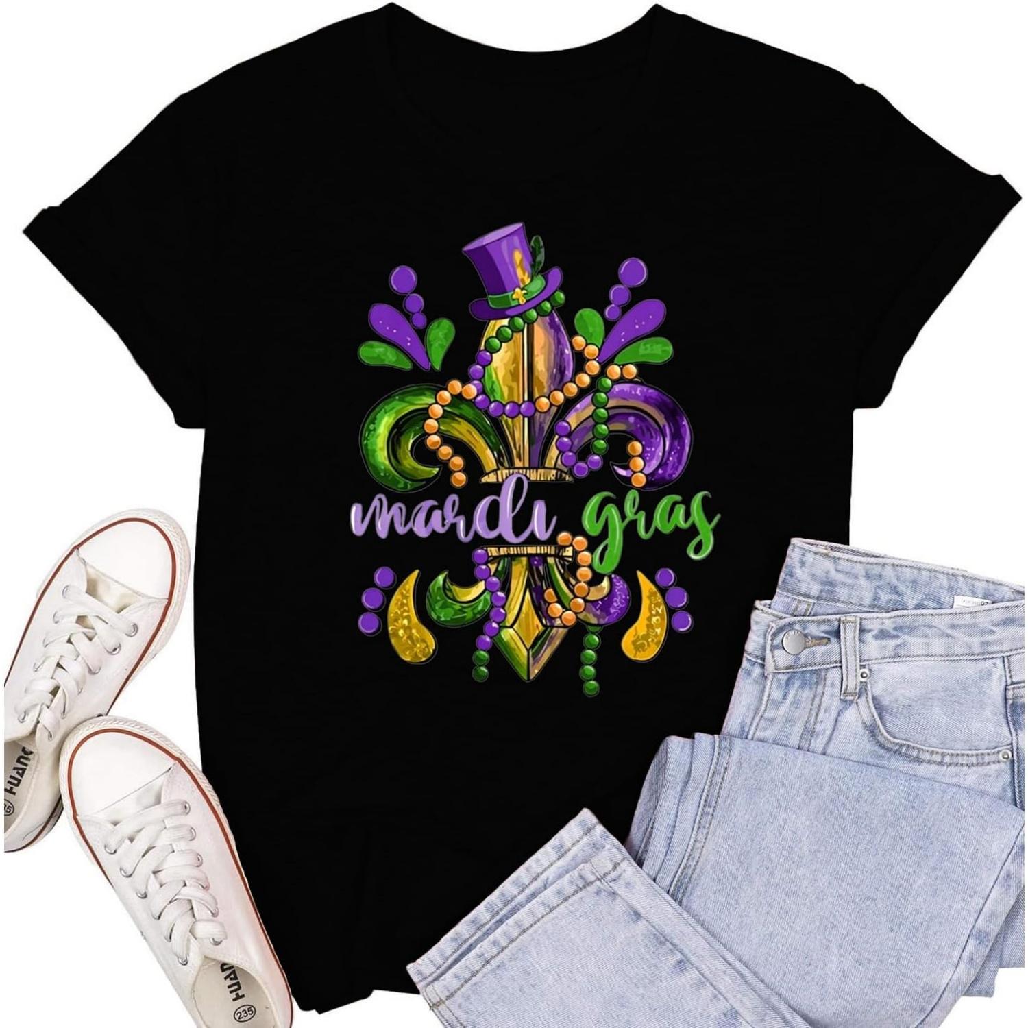 Women s Mardi Gras Shirt Nola Carnival Party T-Shirt Fat Tuesday Tee Tops S чёрный