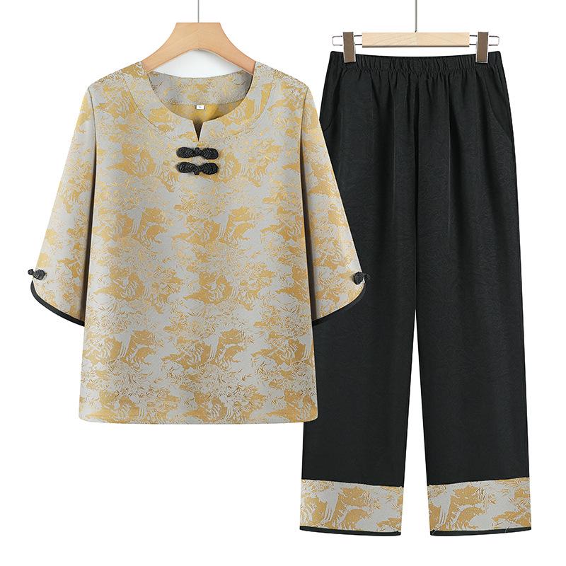 Elderly Women s Plus Size Summer Three-Quarter Sleeve Suit 3XL (115-130 Jin) жёлтый