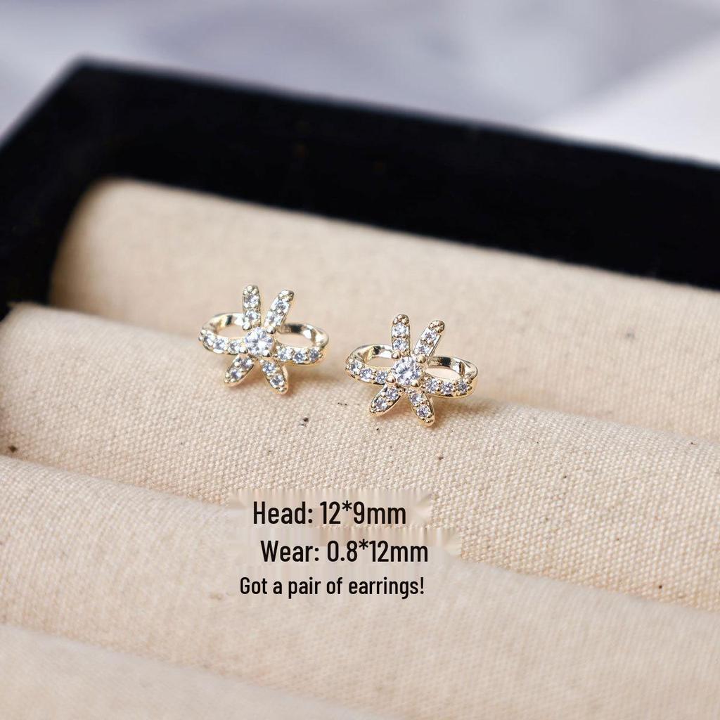 Copper-Plated Gold Bow Earrings with 925 Silver Needle and Flower Diamond Inlay for Women